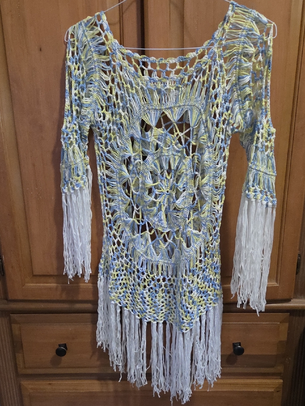 Crochet Fringe Tunic Top in Yellow, Blue & White Medium NWOT Beach Coverup